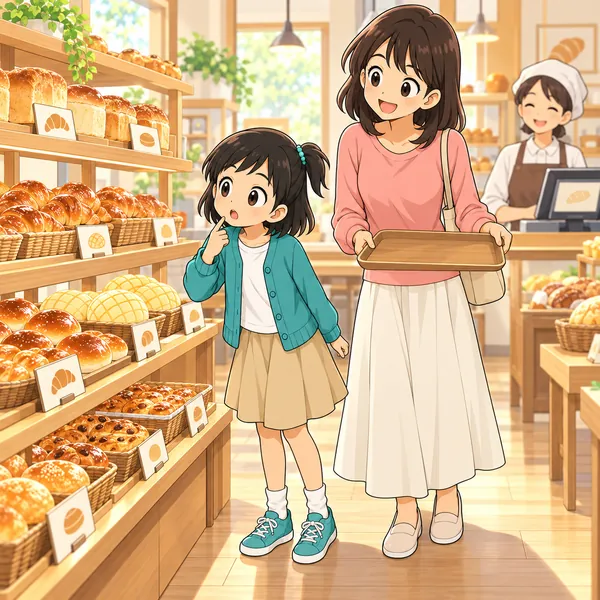 朝のパン屋で、ミオがパンを見て値段のふしぎに首をかしげている。