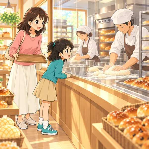 ミオがガラス越しに、朝早くからパンを作るお店の人たちを見ている。