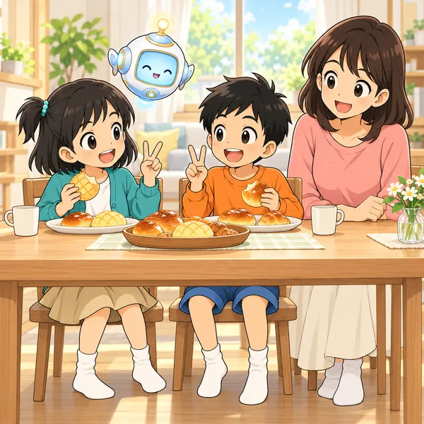 家で、ミオがパンを食べながら弟と指を折って数えている。