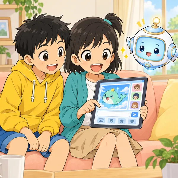 ミオがアニメを見終わって、友だちへのメッセージに結末を書こうとしている。