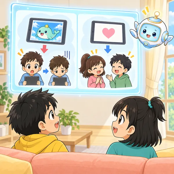 AIロボットが、結末を知ってがっかりする子と、ハートだけ送って楽しく話す絵を窓に見せている。