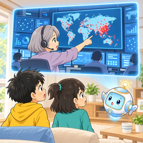 たくさんの画面がならぶ部屋で、ヘッドセットの女性が地図上の赤い点の集まりを見つけている。