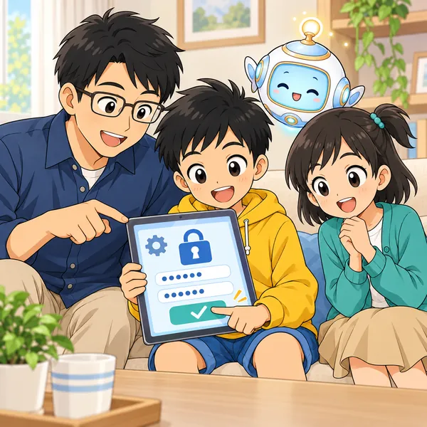 ハルがお父さんといっしょに、公式アプリの設定からパスワードを変えている。