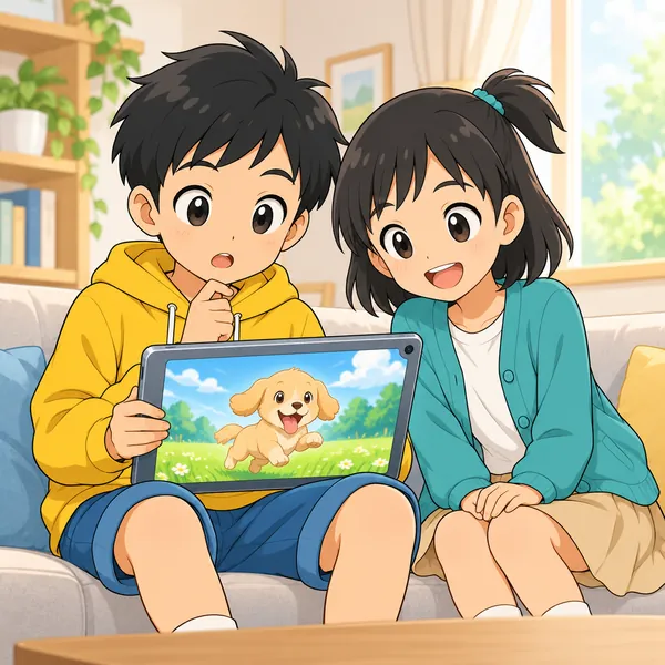 ハルとミオがソファでタブレットの動画を見ている。