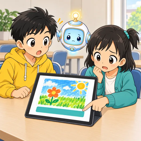 ミオが自分の絵の下の名前の帯を指さして、少しこまった顔をしている。
