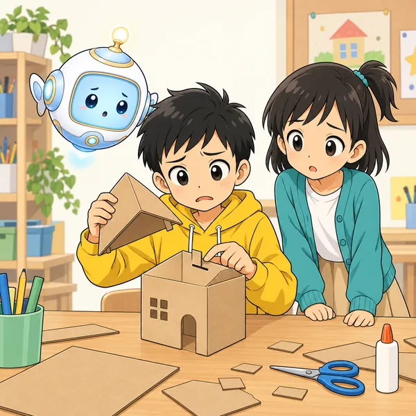 ハルが工作の作業でうまくいかず、手が止まっている