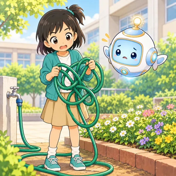 ミオが、花だんでからまったホースに困っている。