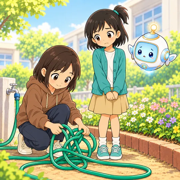 苦手な友だちがだまってホースをほどき、ミオが目をそらしている。
