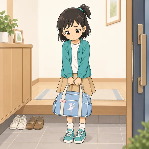 ミオが習い事のかばんを持って玄関で立ち止まり、行きたくない様子でうつむいている