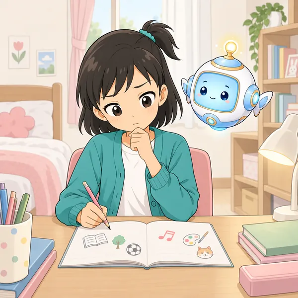 ミオが自分の部屋の机で、ノートに何かを書きながら真剣に考えている