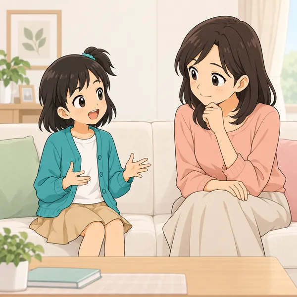 ミオがリビングで、やさしい大人（お母さん）と向かい合ってきちんと話している