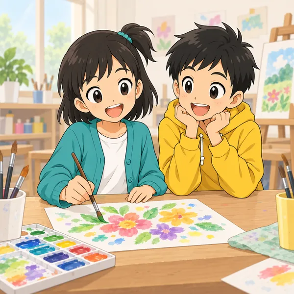 ミオが別の習い事(絵の教室)で、いきいきと絵を描いている