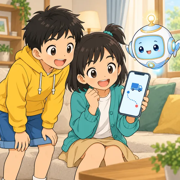 リビングで、ミオがスマホの荷物の追跡画面を見てそわそわし、ハルがとなりにいる。