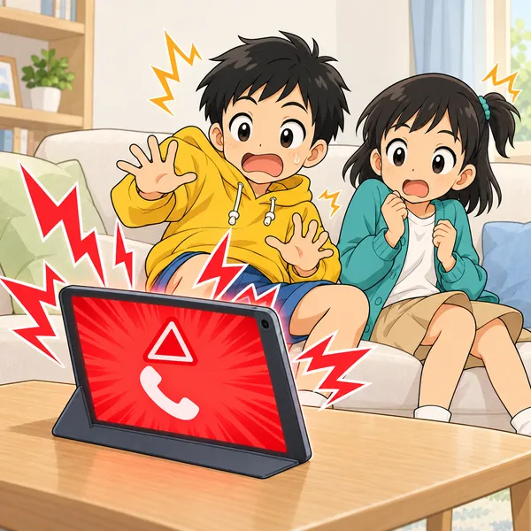 動画を見ていたタブレットに赤い警告画面が出て、ハルとミオがびっくりしている。