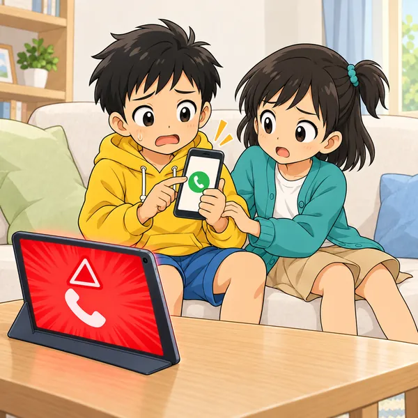 スマートフォンで電話をかけようとするハルの手を、ミオがそっと止めている。
