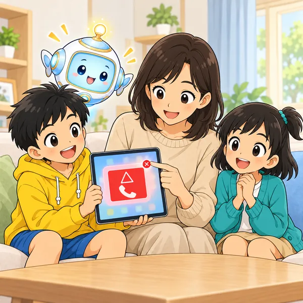ハルがお母さんにタブレットを見せ、お母さんが画面を閉じ、ミオとAIロボットが安心している。