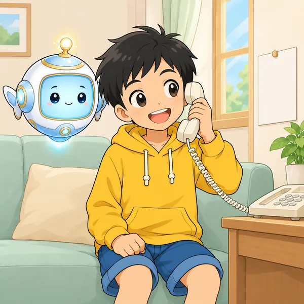 留守番中のハルが、家の電話の受話器を耳に当てて話している。AIロボットがそばにいる。
