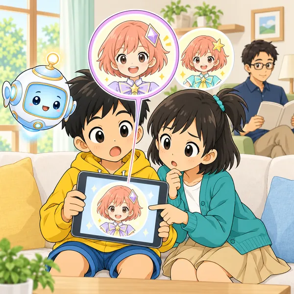 ミオが、アイコンが本物と少しちがうことに気づいて指さしている。