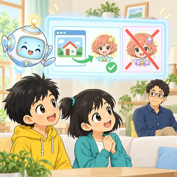 AIロボットが、公式サイトから矢印でたどって本物のアカウントを確かめる絵を窓に見せている。