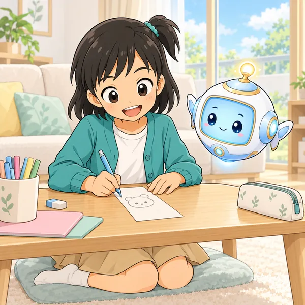 ミオが、人気キャラに似せたしおりの下絵をかいている。