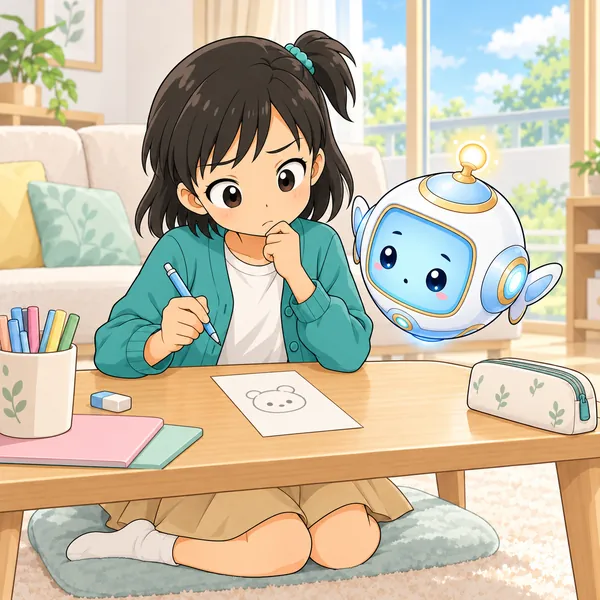 ミオがペンを止めて、下絵を見つめて考えている。