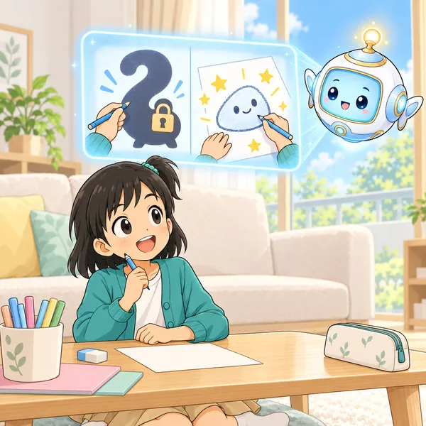 AIロボットが、作った人のキャラと、自分で考えたキャラの絵を見せている。
