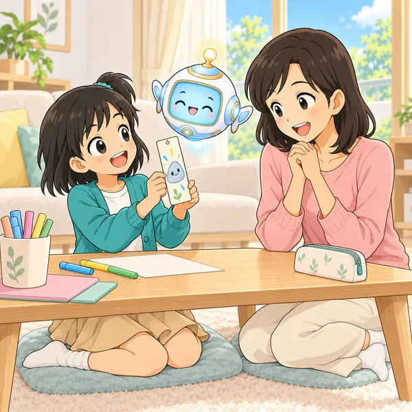 ミオが自分で考えた石のキャラのしおりを、母に見せている。