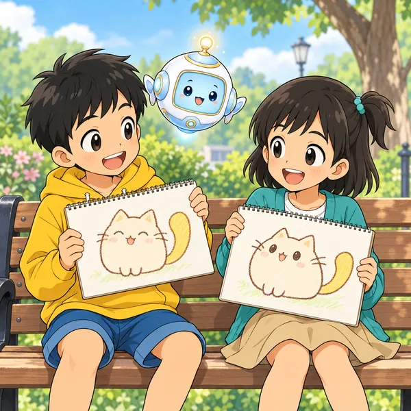 公園のベンチで、ハルとミオが、それぞれ描いた黄色いしっぽのねこの絵を見せ合っている。
