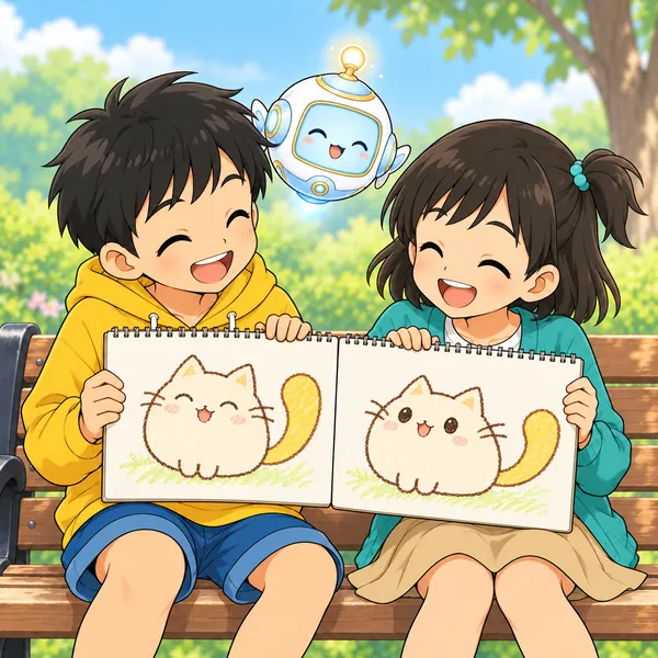 似ている2枚の絵を並べて、ハルとミオがおどろいて笑っている。