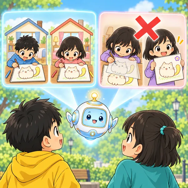 AIロボットが、別々に考えて描く2人と、人の絵をなぞって自分のものにする子に×の場面をうかべている。