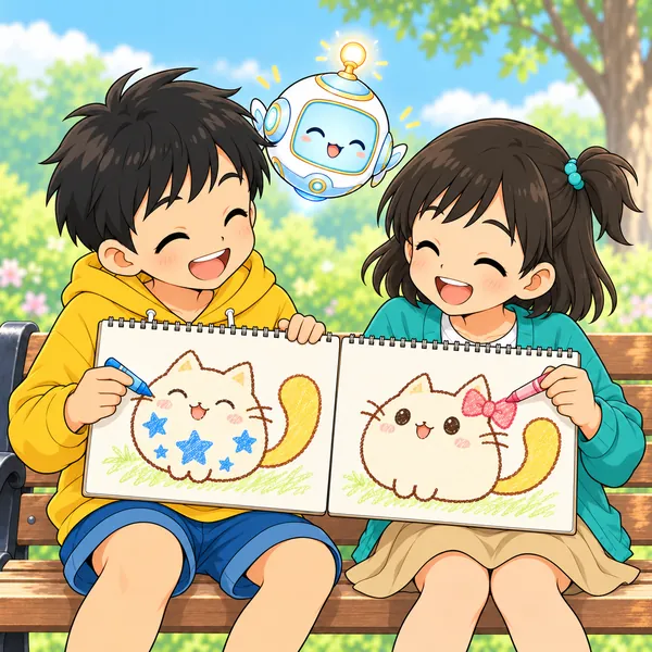 ハルとミオが、似た絵にそれぞれ星のもようやリボンを描き足して見せ合っている。