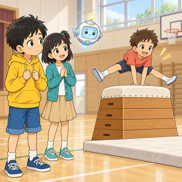 体育館。上手にとび箱をとぶ子を、ハルがうらやましそうに見ている
