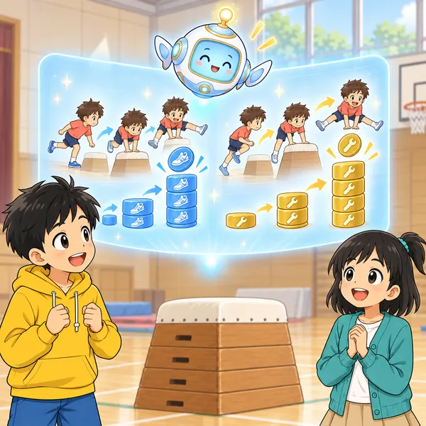アイが、練習の回数と直したところの数が積み上がっていく様子を見せている
