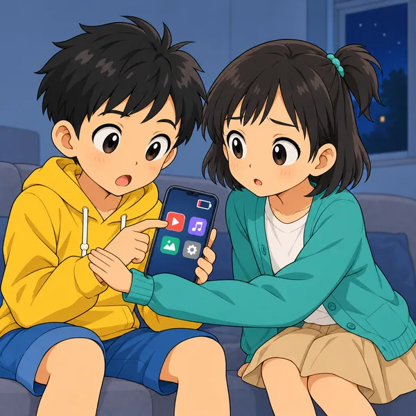 動画を開こうとするハルの手を、ミオがそっとおさえて止めている。