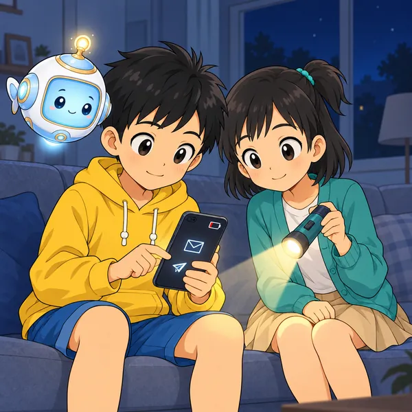 ハルが暗めの画面でメッセージを送り、ミオがかい中電灯で手元を照らしている。