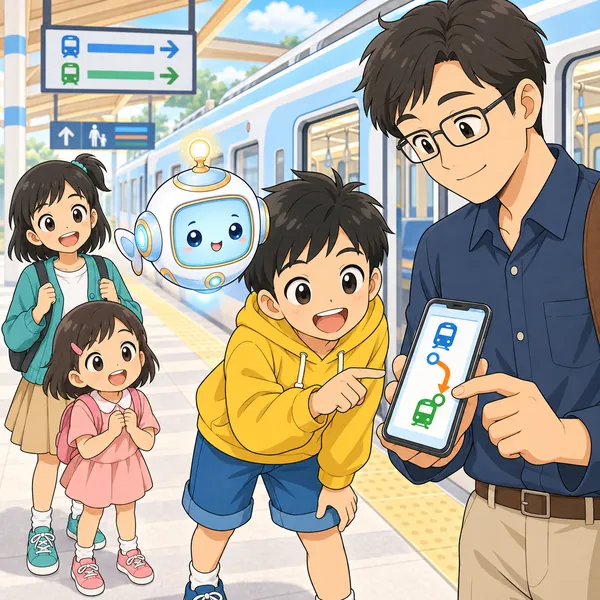 駅のホームで、ハルがお父さんのスマホの乗りかえ案内をのぞきこんでいる。