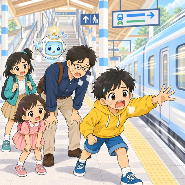 階段の先で電車のドアが閉まり、ハルとお父さんと妹が息を切らしている。