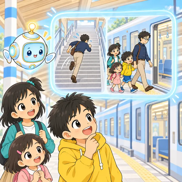 AIロボットが、走って乗りかえる人と、ゆっくり歩いて次の電車に乗る家族の絵を窓に見せている。