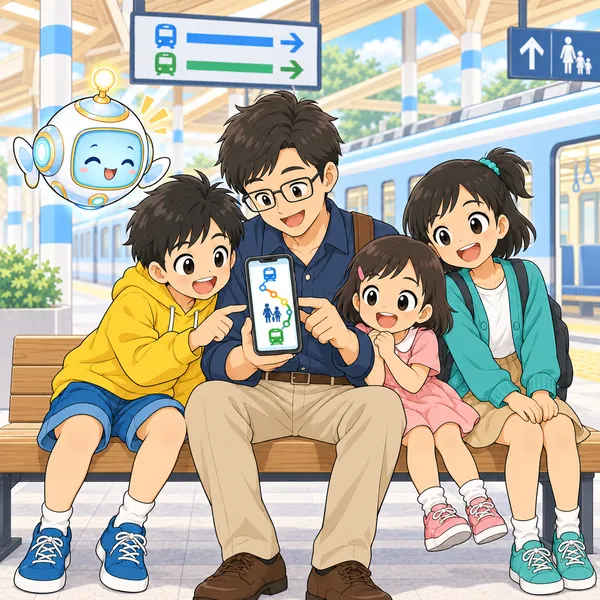 次の電車のホームで、ハルたちがベンチで一息つき、ゆとりのある案内を見てにっこりしている。