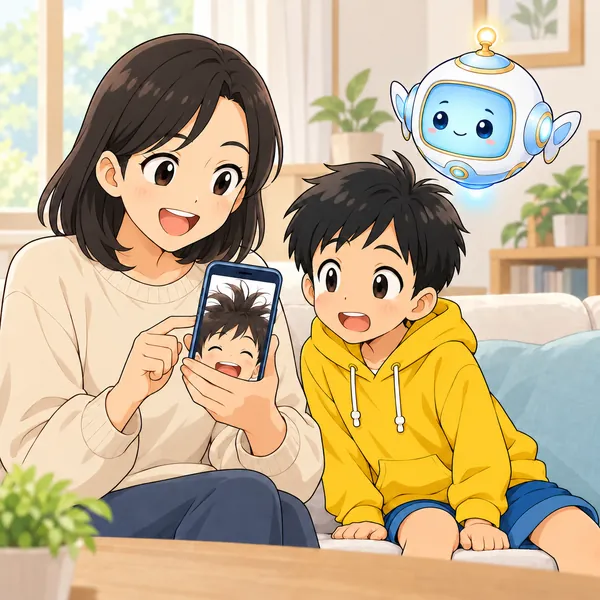 ハルのお母さんが、ハルの寝ぐせ頭の写真を見て笑い、のせようとしている。