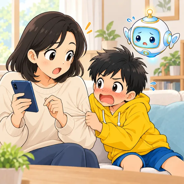 ハルが顔を赤くして、お母さんのそでを引いて止めている。