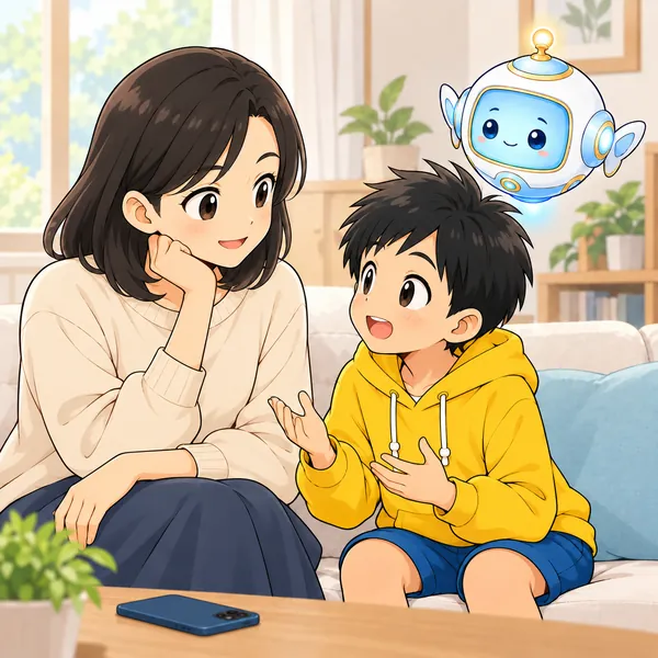 ソファでハルとお母さんが並んで話し、AIロボットが見守っている。