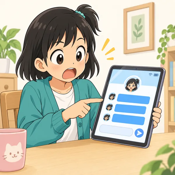 ミオがタブレットを見て、自分が送っていないメッセージが自分の名前で送られていることに気づき、驚いている