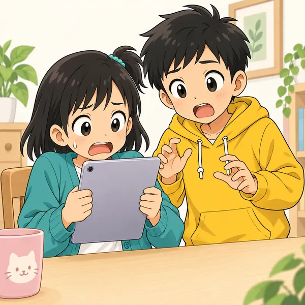 ミオがあわてて、どうしていいかわからず、画面をにぎりしめている