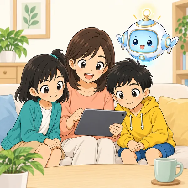 リビング。ミオとハルが大人といっしょに、落ち着いて画面を確認している