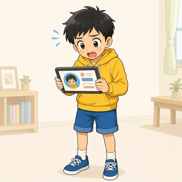 ハルがタブレットを見て、自分になりすました誰かの勝手な書きこみを見つけ、驚きショックを受けた表情