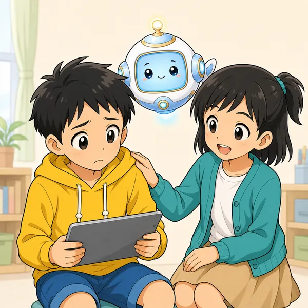 ミオとアイがハルのそばに来て、一人で悩まず大人に相談しようと、やさしく寄りそっている