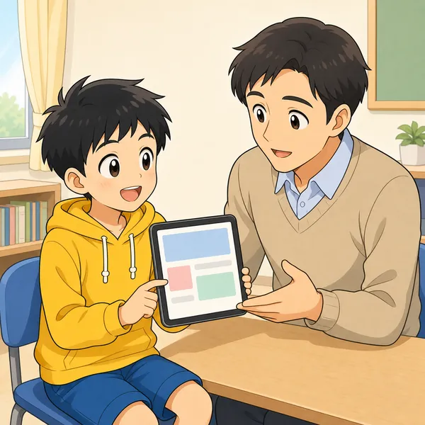 ハルが、信頼できる大人(先生のようなやさしい大人)にタブレットの画面を見せながら相談して、ほっとした表情