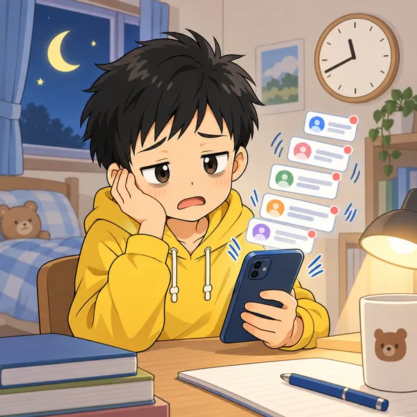 ハルがスマホを見ている。グループチャットの通知が次々と積み上がり、夜おそくまで鳴り続けて、ハルはつかれた顔をしている