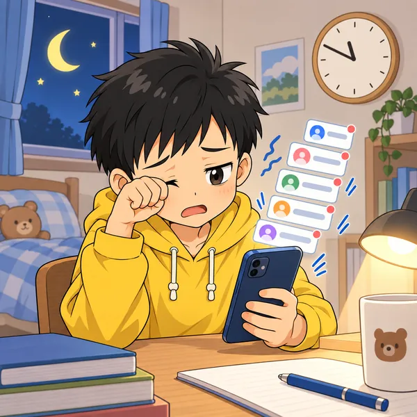 ハルが返事をしなければと思いながら、目をこすって無理に画面を見ている
